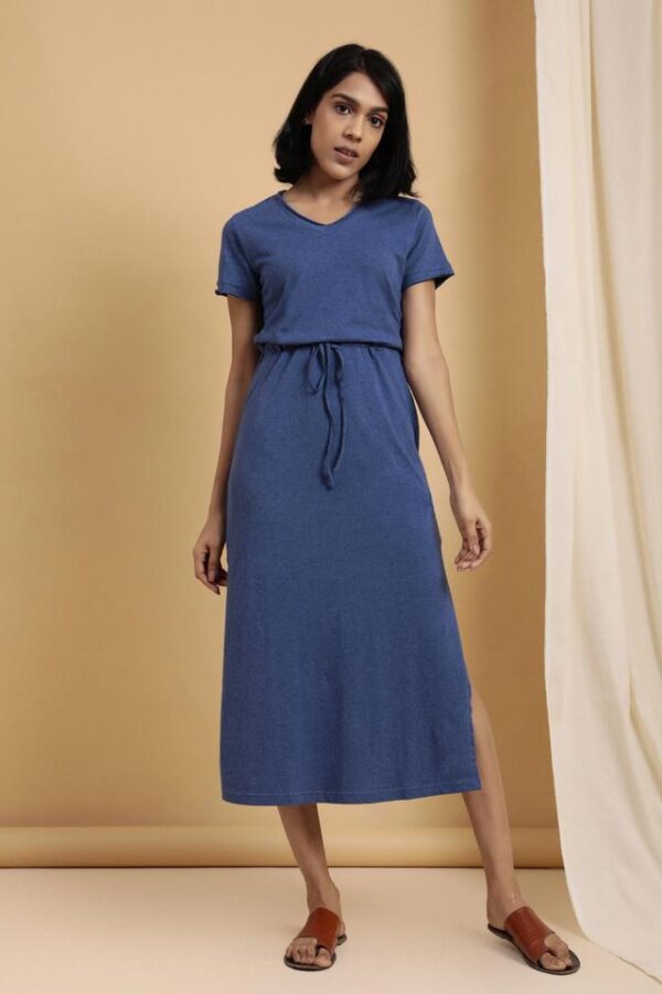Womens Organic Cotton Long T-Shirt Dress Blue