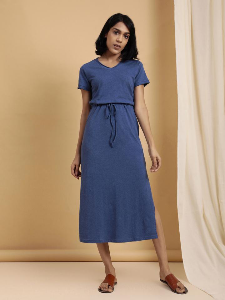 Womens Organic Cotton Long T-Shirt Dress Blue