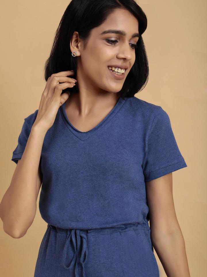 Womens Organic Cotton T-Shirt Dress with pockets Blue