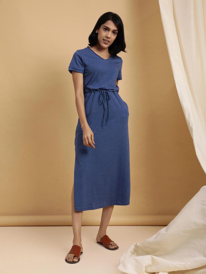 Womens Organic Cotton T-Shirt Dress with pockets Blue