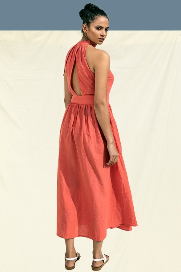 Handwoven Organic Cotton Stylised Back Maxi Dress Coral Pink. Halter neck dress online india. Cotton maxi dress for summer