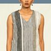 Women's organic cotton top for summers. Handwoven Kala Cotton V Neck Sleeveless Top in Black & White Stripes.