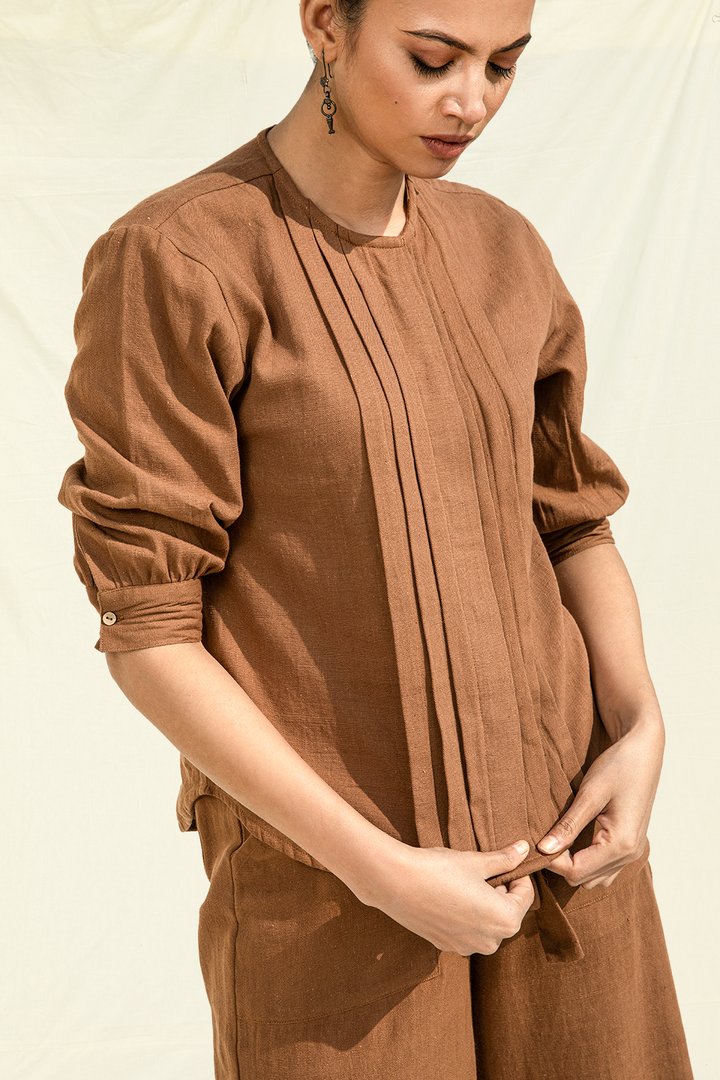 Handwoven Kala Cotton Pleated Button Down Top in Brown. Vegan & Organic cotton clothing. Women's cotton tops long sleeve