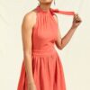 Handwoven Organic Cotton Stylised Back Maxi Dress Coral Pink. Halter neck dress online india. Cotton maxi dress for summer