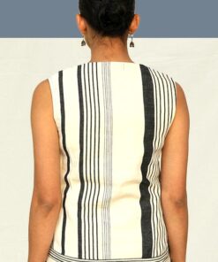 Women's organic cotton top for summers. Handwoven Kala Cotton V Neck Sleeveless Top in Black & White Stripes.