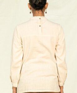 Handwoven Kala Cotton Intricate Neck Detail Blouse in White. Vegan & Organic cotton clothing. Women's cotton tops long sleeve