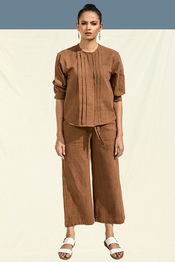 Handwoven Kala Cotton Pleated Button Down Top in Brown. Vegan & Organic cotton clothing. Women's cotton tops long sleeve