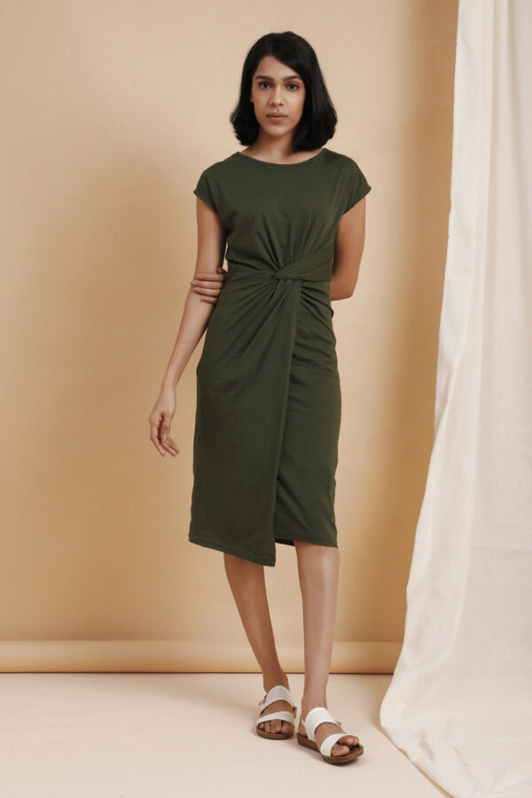 Organic Cotton Overlap Bodycon Dress Olive Green Front View