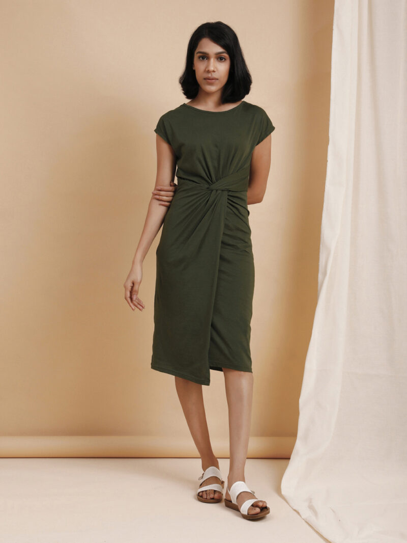 Organic Cotton Overlap Bodycon Dress Olive Green Front View