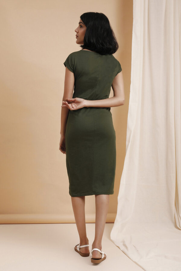 Organic Cotton Overlap Womens Bodycon Dress Olive Green Back View