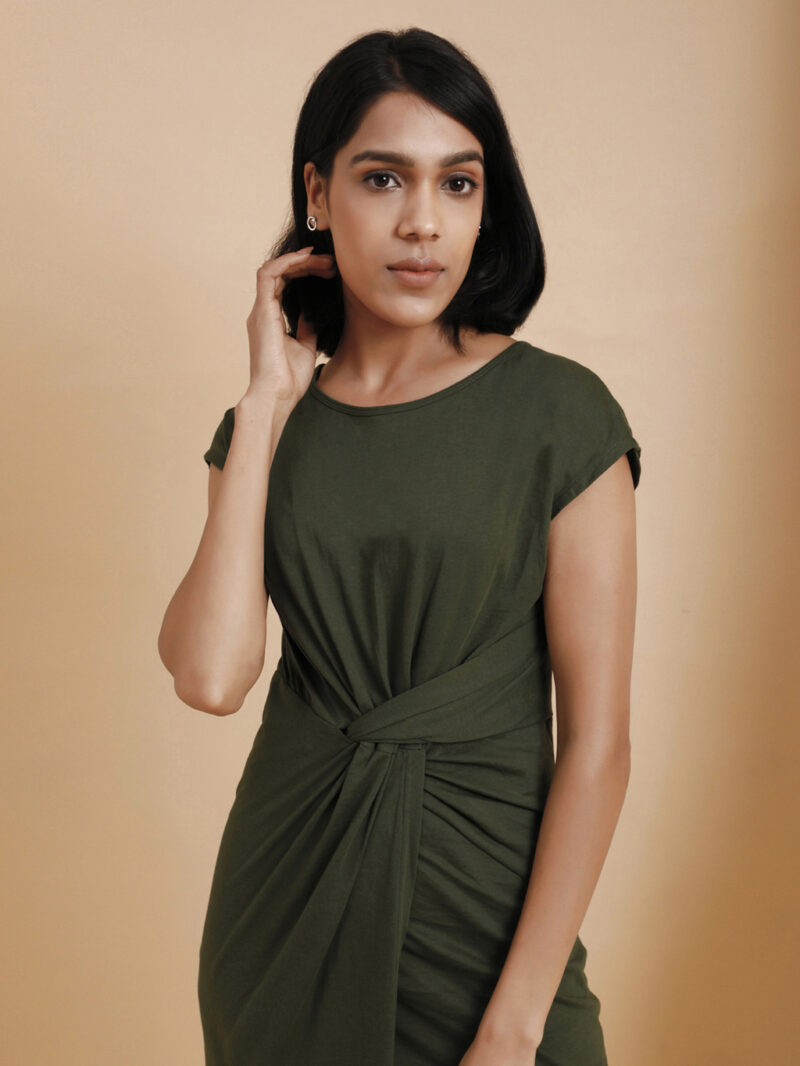 Organic Cotton Waist Knot Overlap Skirt Bodycon Dress in Olive Green with Slit Zoomed