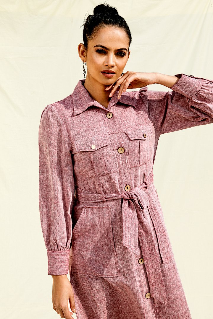 Women's Cotton Chambray Shirt Dress Maroon with Pockets
