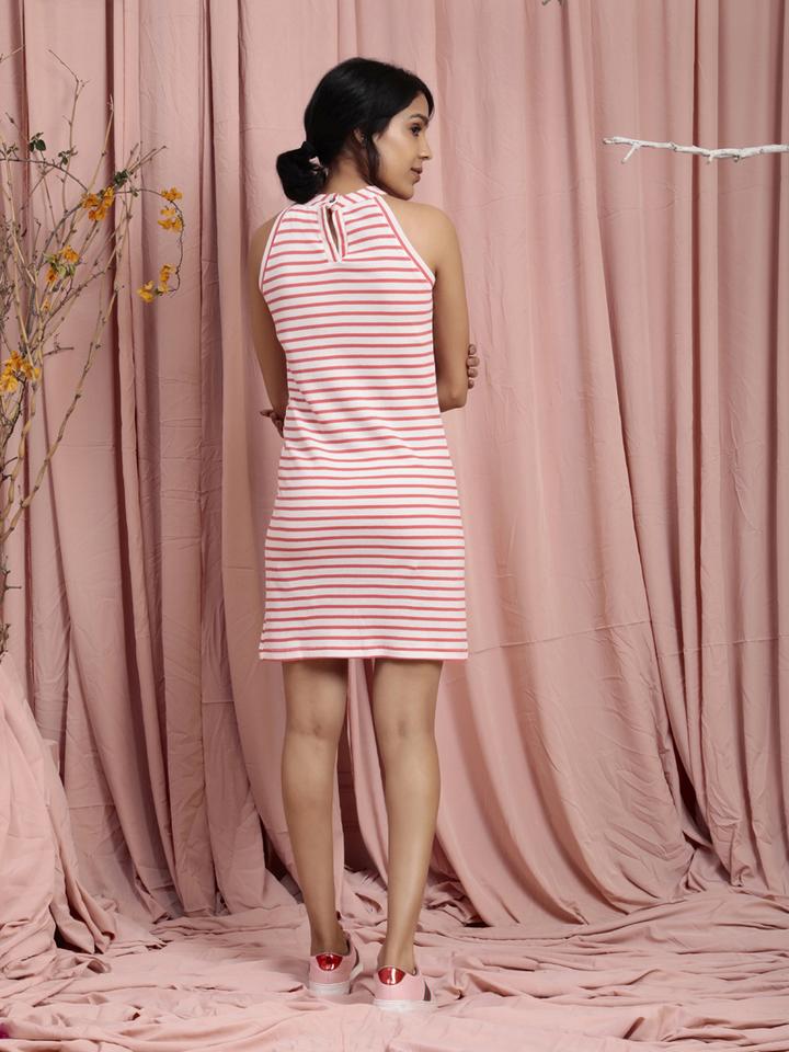 Halter Neck Ribbed Dress for Women Knee-Length White Stripes