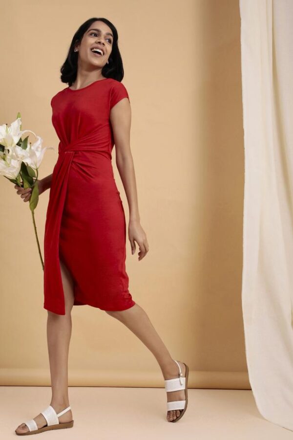 Womens Pure Cotton Red Dress with Slit
