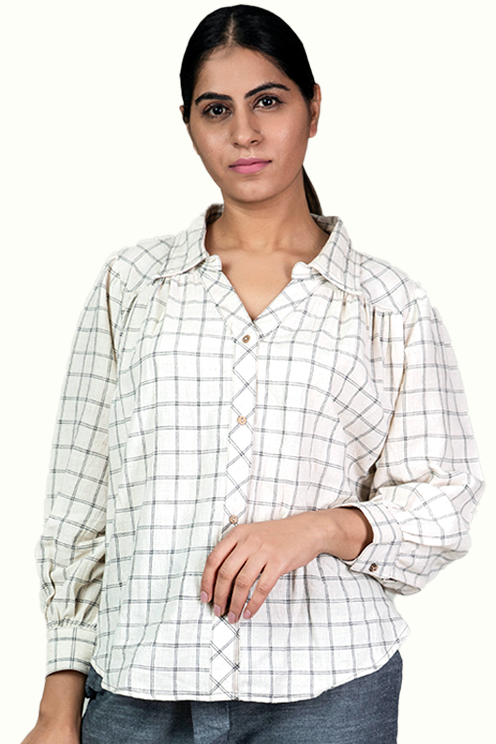 Handwoven Kala Cotton Oversized Shirt in White Checks. Buy women’s cotton shirts online. Shop Sustainable Clothing India.