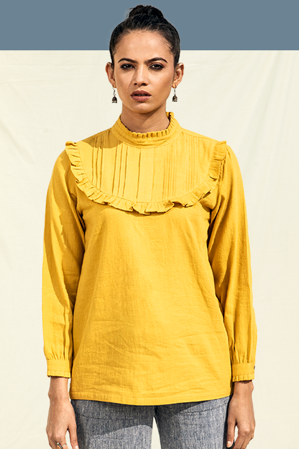 Women's organic cotton top with sleeves. Handwoven Kala Cotton Intricate Neck Detail Blouse in Yellow. Vegan clothing online