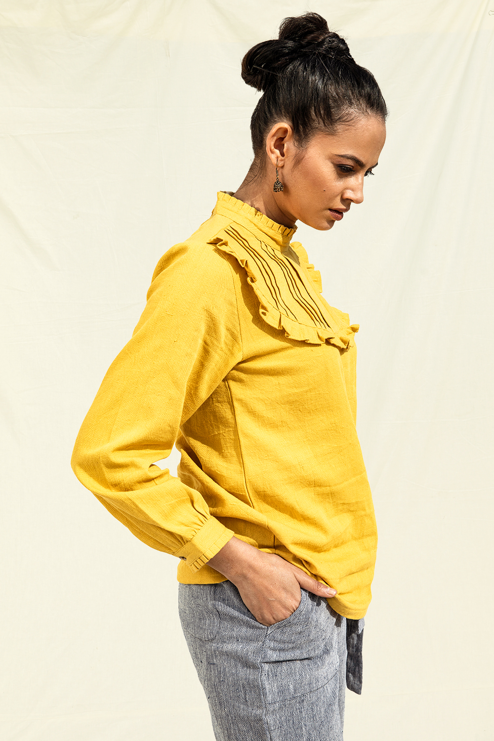 Women's pure cotton top with sleeves. Handwoven Kala Cotton Intricate Neck Detail Blouse in Yellow. Vegan clothing online
