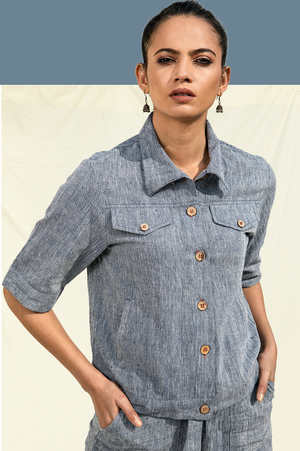 Handwoven Kala Cotton Jacket Style Shirt in Blue. Women's cotton jacket casual. Shop Sustainable & Vegan clothing India