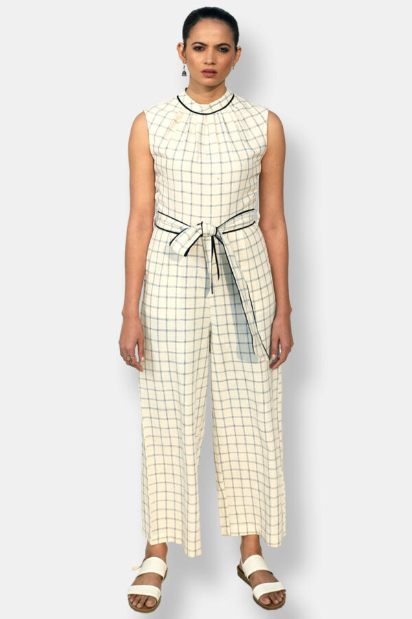 Organic Cotton Tie-up Waist Jumpsuit in Off-White Checks. Formal jumpsuits for women. Organic Cotton Clothing India