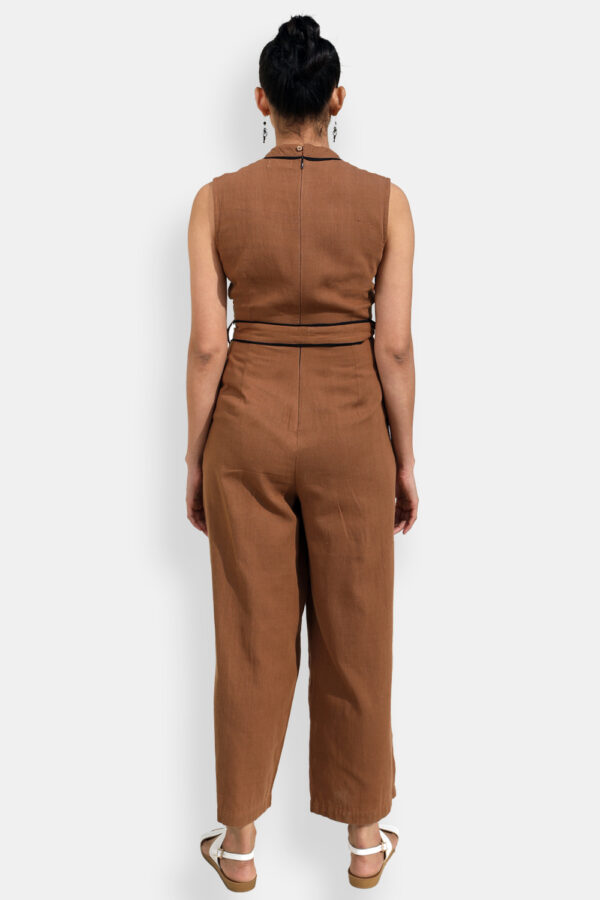 Organic Cotton Tie-up Waist Jumpsuit in Brown. Formal jumpsuits for women. Organic Cotton Clothing India