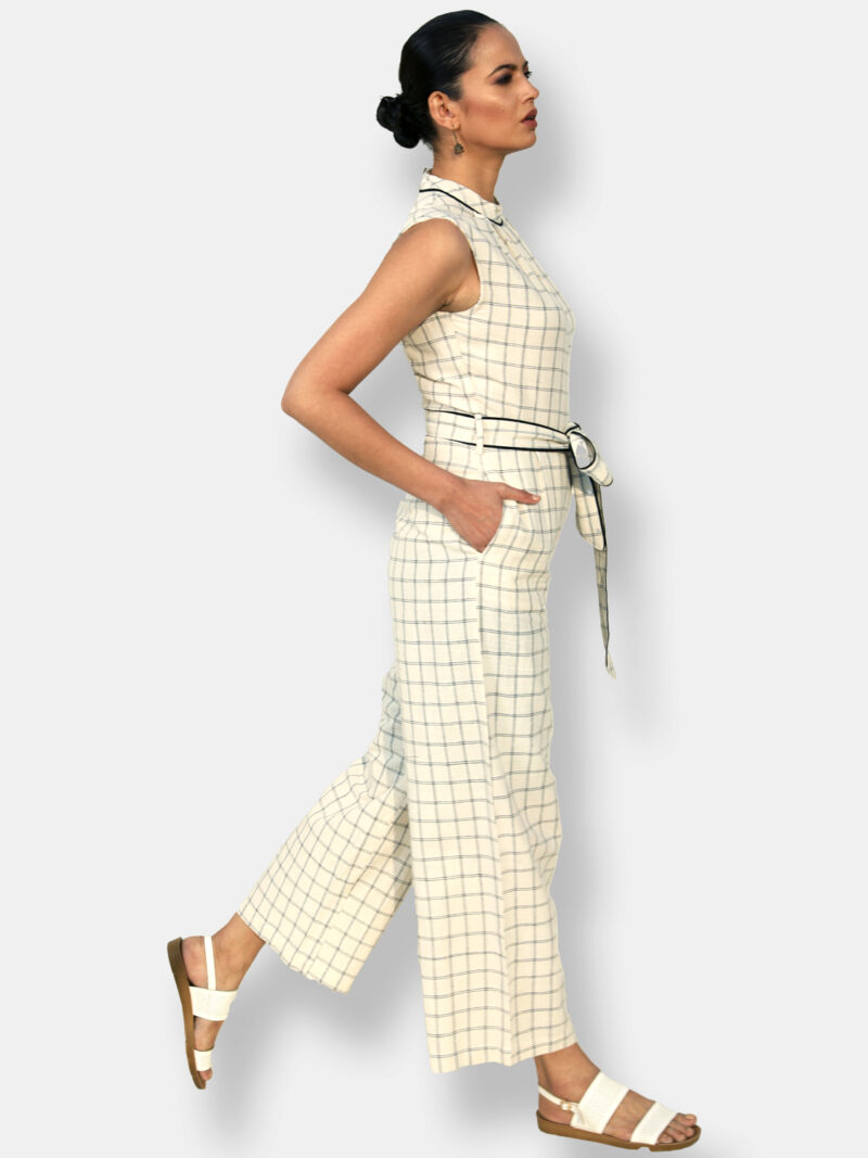 Organic Cotton Tie-up Waist Jumpsuit in Off-White Checks. Formal jumpsuits for women. Organic Cotton Clothing India