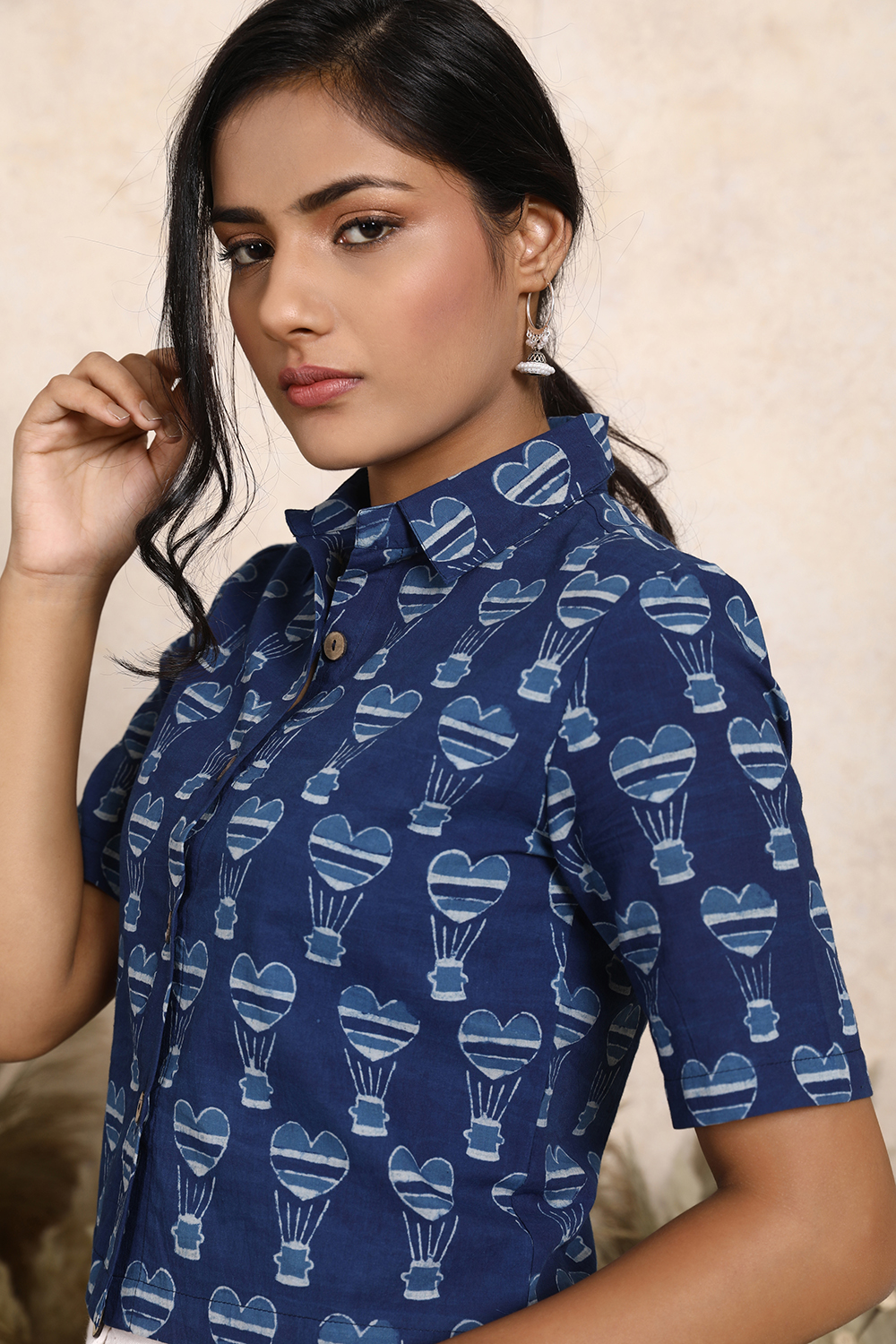 Dilkusha Dabu Print Crop Top by Lake Peace. Women's pure cotton crop shirt in Indigo blue color with playful flying hearts all-over block print.