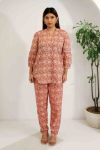 Printed Brown Linen Co-ord Set for Women