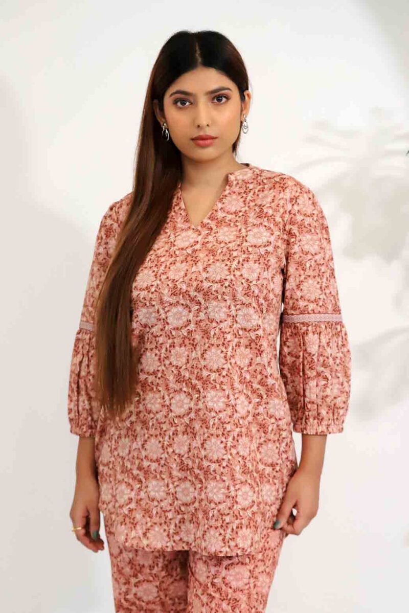 Printed Brown Linen Co-ord Set for Women