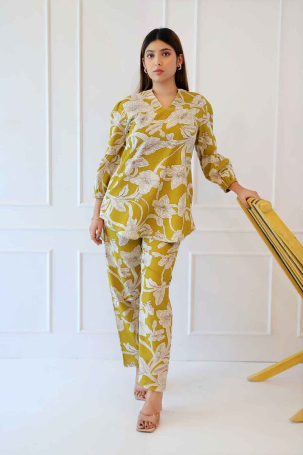Printed Mustard Yellow Cotton Co-ord Set for Women by Lake Peace