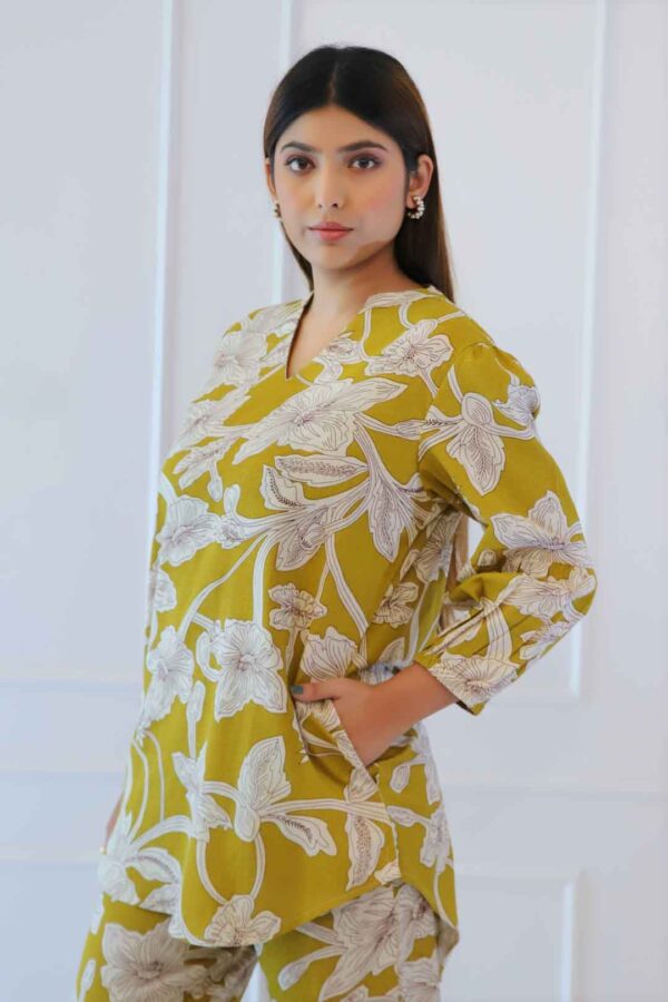 Printed Mustard Yellow Cotton Co-ord Set for Women by Lake Peace