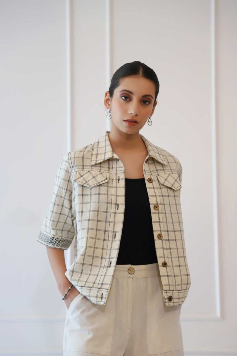 Off-White Check Cotton Jacket for Women by Lake Peace