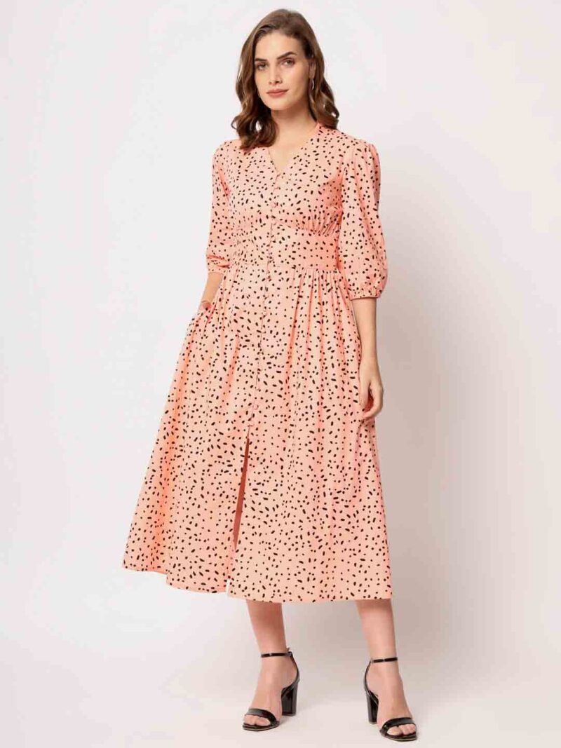 Lake Peace Peach Pure Cotton Fit and Flare Midi Dress for Women