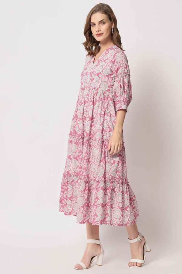 Pink Pure Cotton Flared Midi Dress for Women
