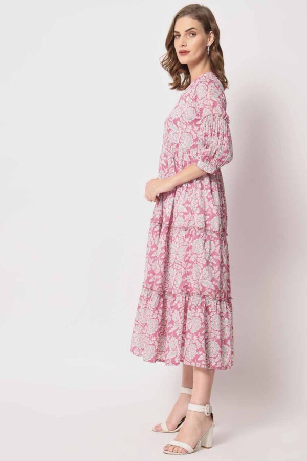 Pink Pure Cotton Flared Midi Dress for Women