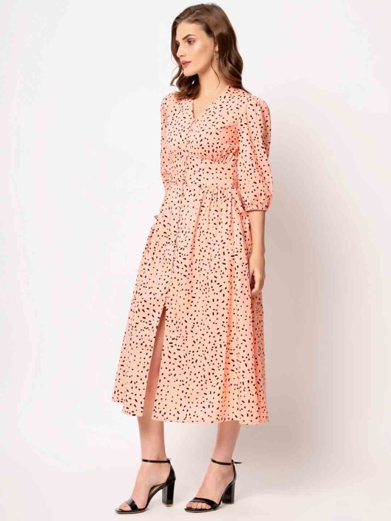 Peach Pure Cotton Fit and Flare Midi Dress for Women