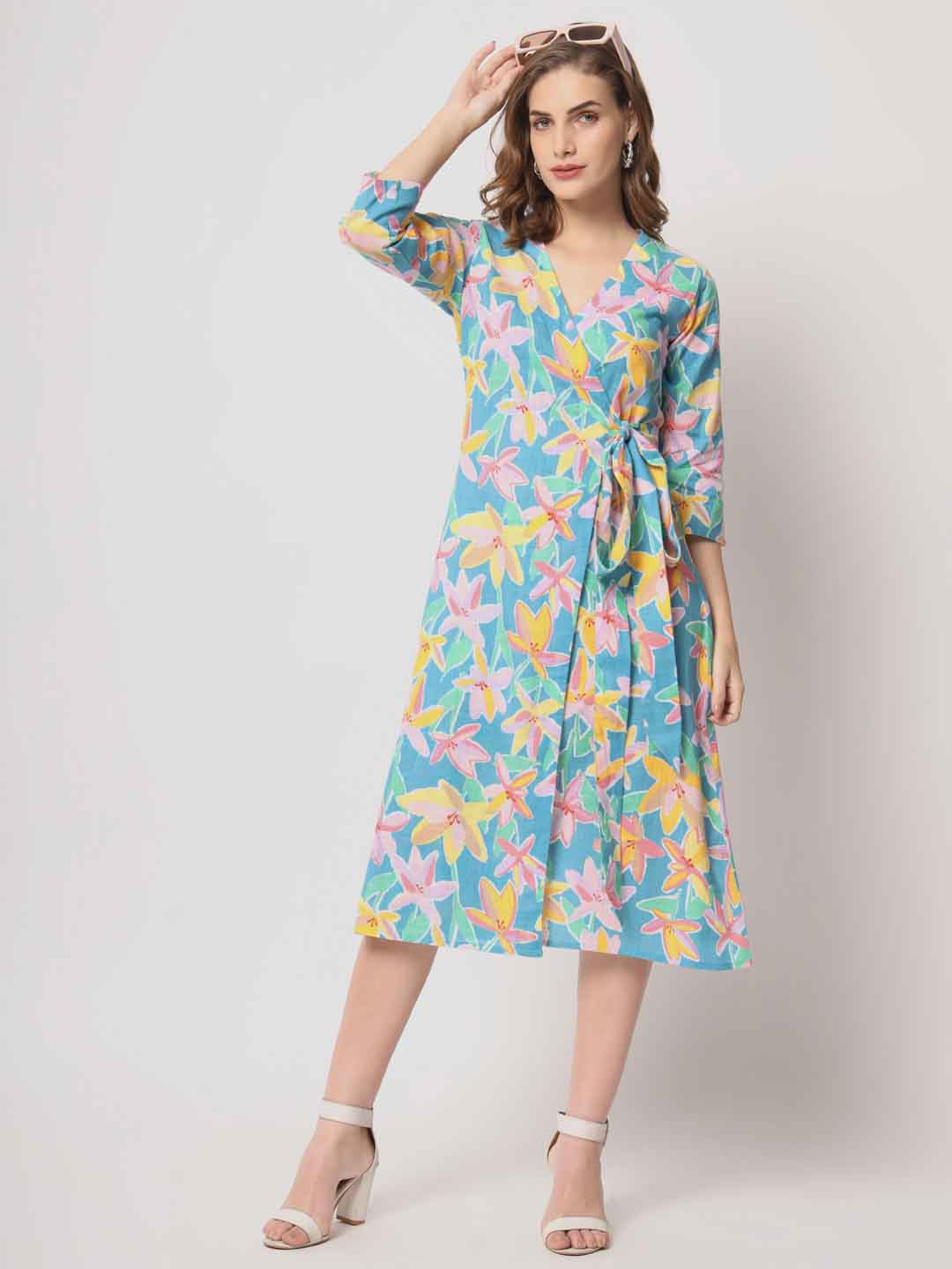 Turquoise Blue Pure Cotton Wrap Midi Dress – Shop Pro-comfort Sustainable  Fashion Made in India