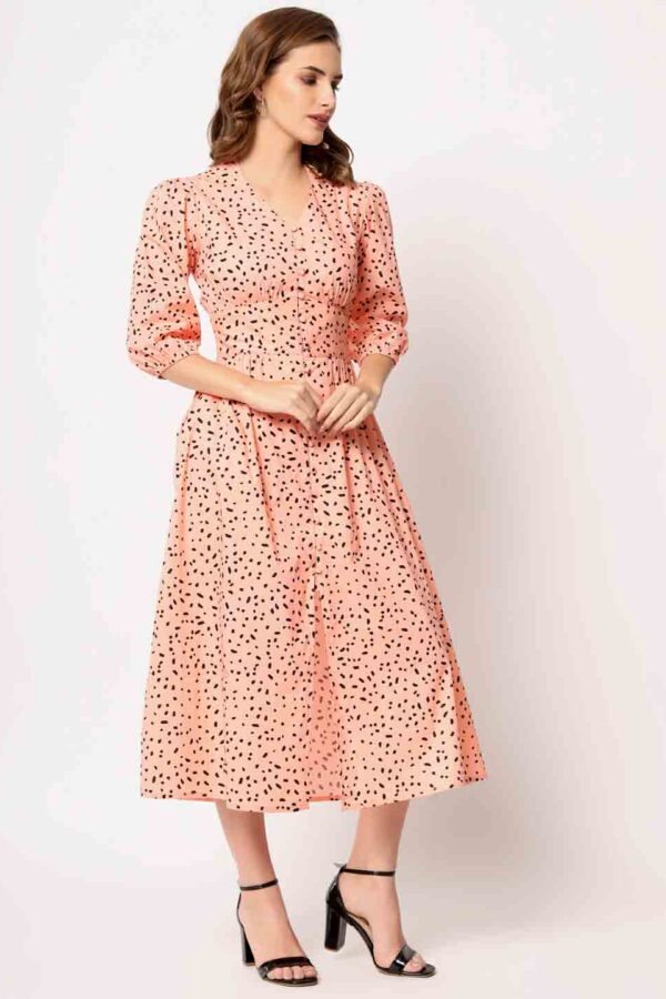Peach Pure Cotton Fit and Flare Midi Dress for Women