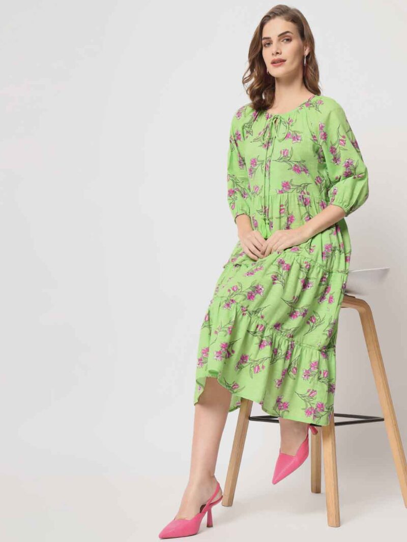 Lime Green Pure Cotton Tiered Midi Dress
