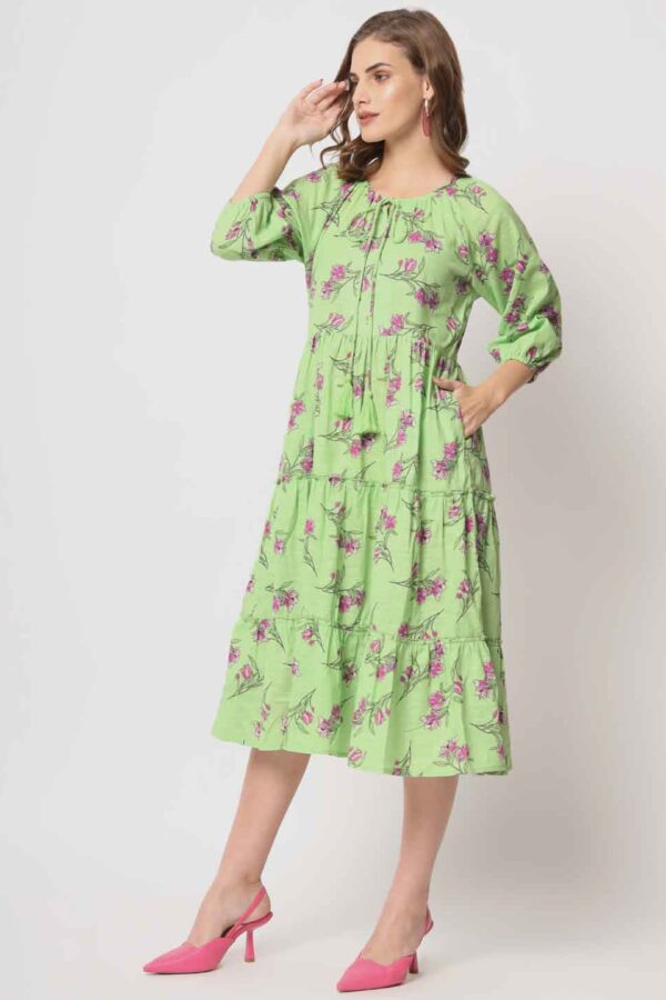 Lime Green Pure Cotton Tiered Midi Dress