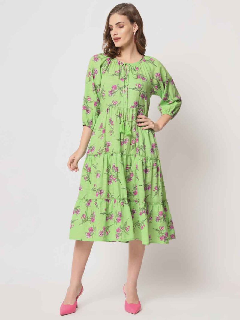 Lake Peace Lime Green Pure Cotton Tiered Midi Dress for Women