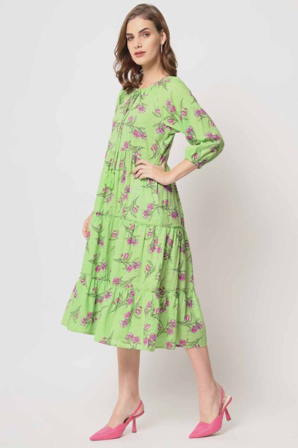 Lime Green Pure Cotton Tiered Midi Dress for Women