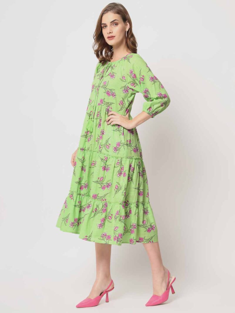 Lime Green Pure Cotton Tiered Midi Dress for Women
